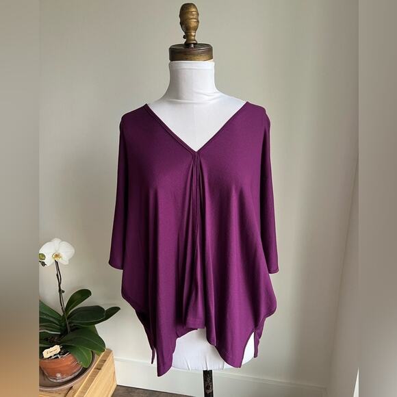 NATORI PURPLE V NECK TUNIC TOP HANKERCHIEF DRAPED KIMONO SLEEVE SIZE M - Picture 1 of 5